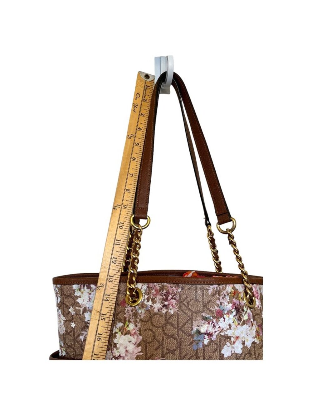 Calvin Klein Signature Hayden Floral CK Logo Satchel Tote Bag Chain Handles - Picture 5 of 16